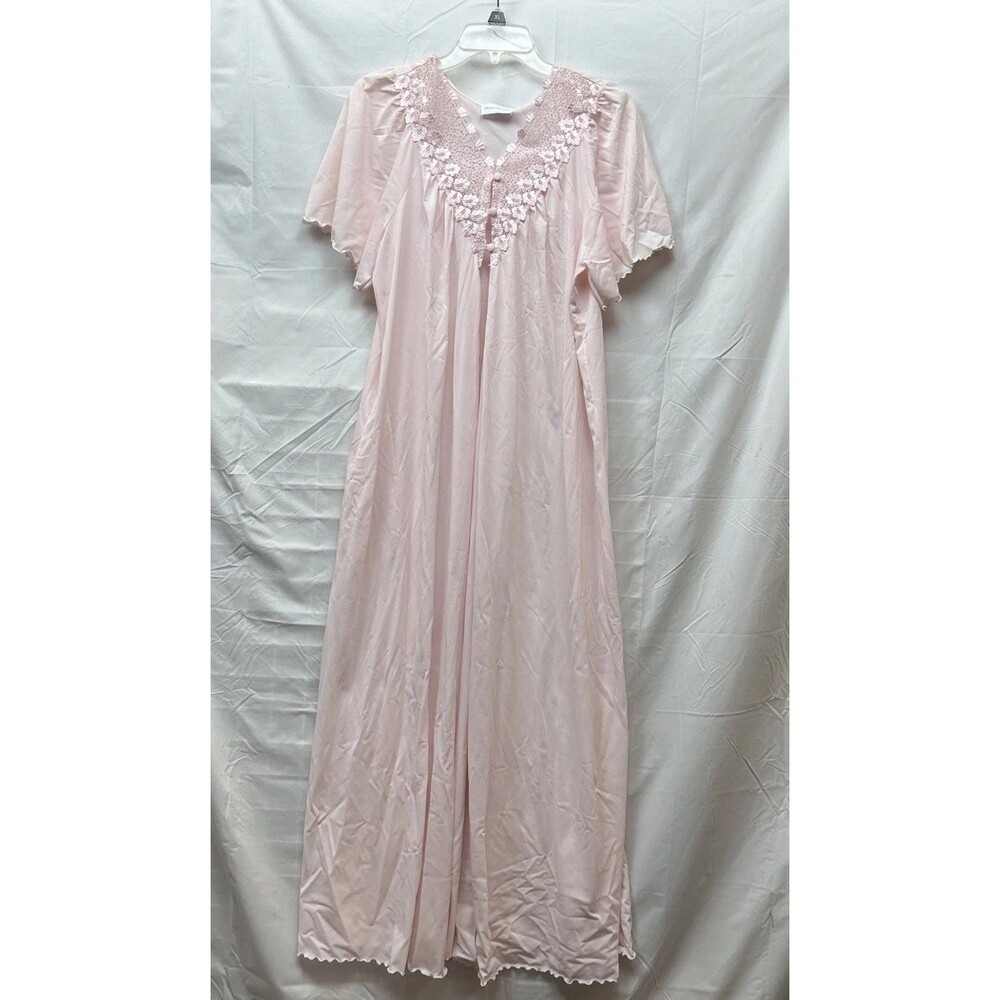 VTG Shadowline Pink Nylon Nightgown Robe XL Flutter Sleeve Button Front Lace